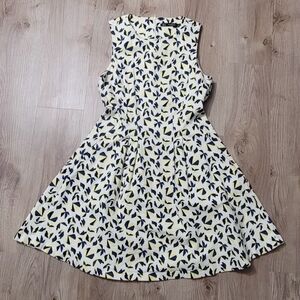 Zara Trafaluc Skater Pleated Geometric print dress size Large Cream blue